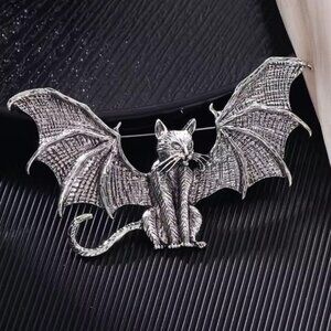 Vintage Wings Bat Cat Silver Brooch